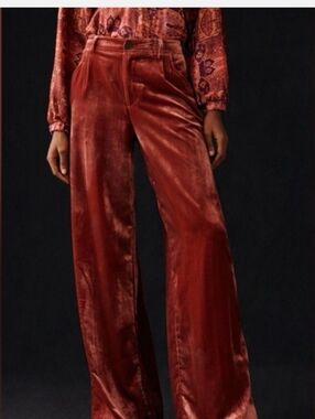 Anthropologie Women's Velvet Wide Leg Trousers Pants Size 2 Berry Red